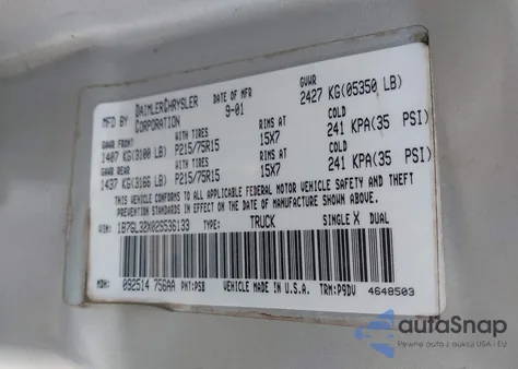 2002 Dodge Dakota Sport z USA, uszkodzony, nr VIN 1B7GL32X02S536133